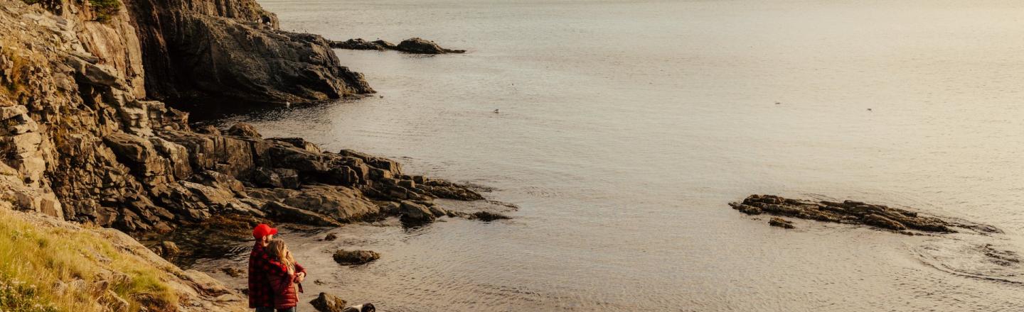 people with dog overlooking the ocean