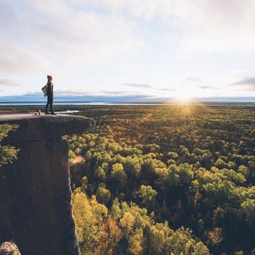 A person standing on a cliff overlooking a forest landscape